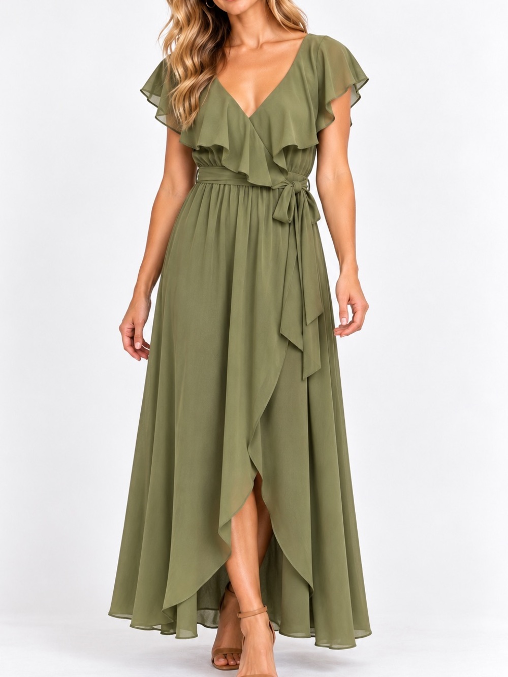 Baltic Born Olive Green Ruffle High-Low Maxi Dress Small